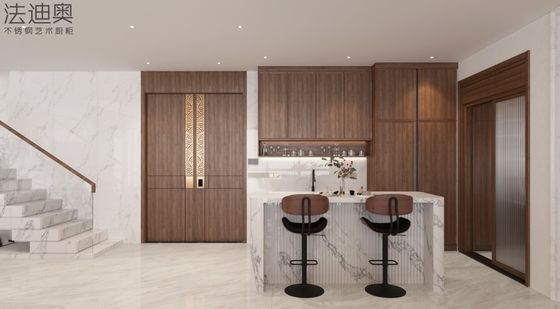 Armoire en acier inoxydable classique et élégant de style chinois: grain de bois et teinte de bois profond