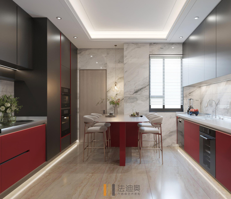 Cabinet de cuisine moderne en rouge et noir avec comptoir étendu