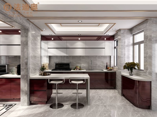 Armoires de cuisine élégantes, durables et minimalistes en acier inoxydable avec des accents élégants de séquoias et de quartz