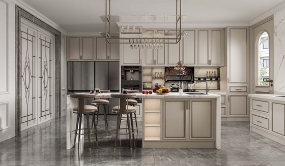 Armoire de cuisine moderne beige élégant chic avec opulente marbre blanc en acier inoxydable