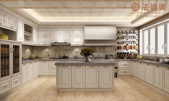 Armoire de cuisine en acier inoxydable blanc moderne avec profil de porte et poignées en or