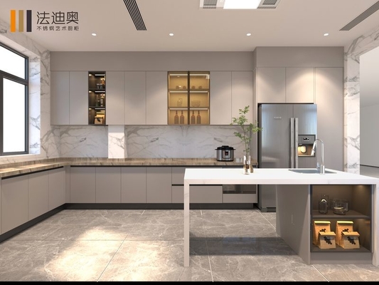 Armoire de cuisine en acier inoxydable en forme de U avec intégration transparente