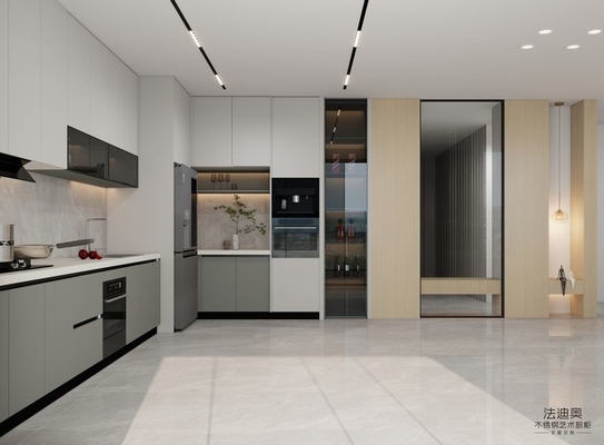 Armoires de cuisine en acier inoxydable modernes avec île de quartz fonctionnelle