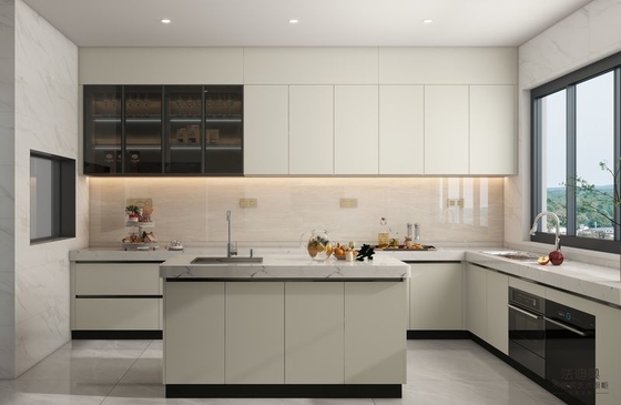 Armoire de cuisine en acier inoxydable en forme de U avec conception intégrée en douceur