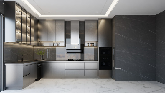 Armoire de cuisine en acier inoxydable noir mat Fadior avec éclairage sous-armoire