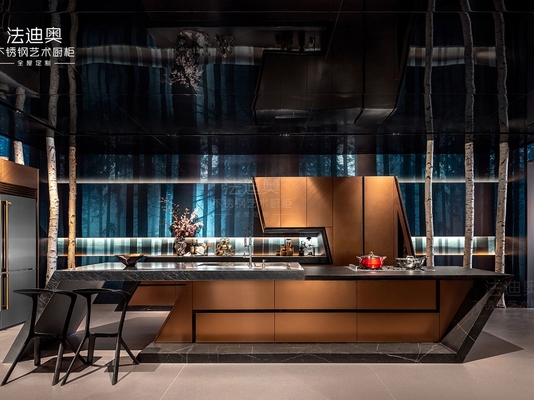 Armoire de cuisine moderne en or rose avec lignes géométriques et durabilité en acier inoxydable