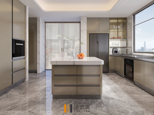 Cabinet de cuisine moderne complet avec finition Mica Brown et île de la place centrale