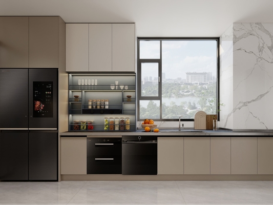 Armoire de cuisine en acier inoxydable en forme de U avec conception intégrée en douceur