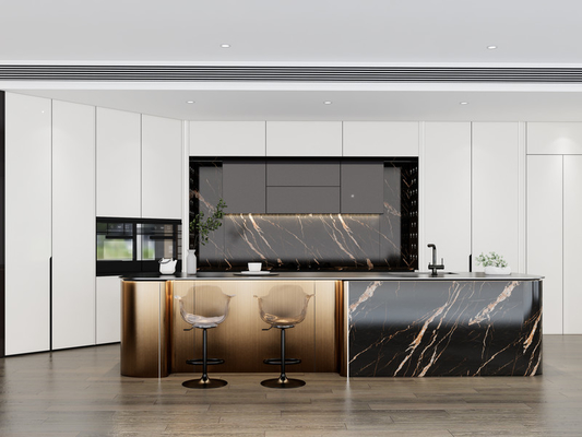 Armoire de cuisine moderne SS de luxe avec île en or métallique incurvée multifonctionnelle